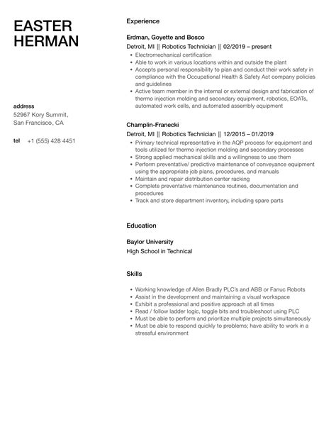 Robotics Technician Resume Samples | Velvet Jobs