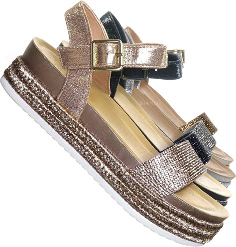 Rhinestone Glitter Flatform Sandal Women Ankle Strap Crystal Platform