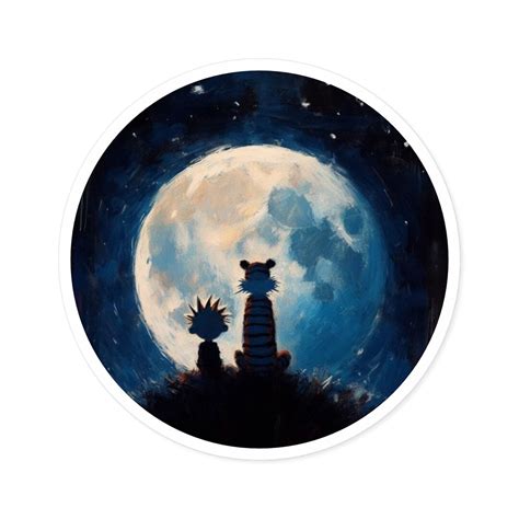 Calvin And Hobbes In The Moonlight Round Stickers Indooroutdoor Gift