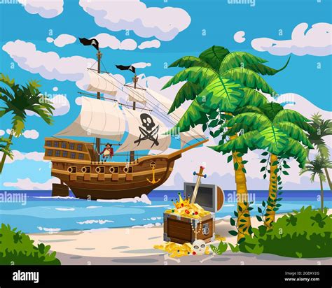 Tropical Island Pirate Ship Under Sail In Ocean Treasure Cheast