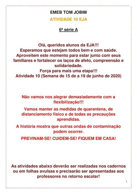 PDF EMEB TOM JOBIM ATIVIDADE 10 EJA 6ª série A Olá educacao