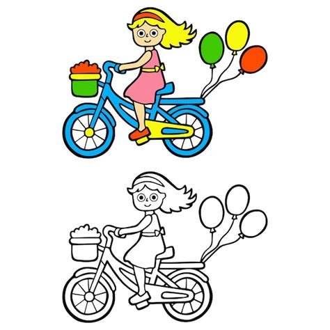 Niña feliz montando en bicicleta vector negro y página para colorear