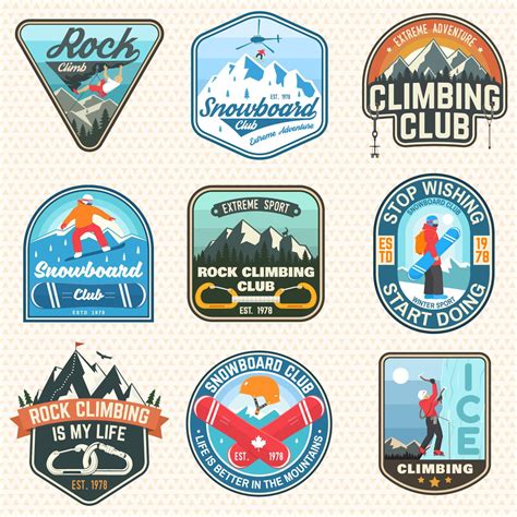 Set Of Snowboarding And Rock Climbing Club Patches Vector Concept For