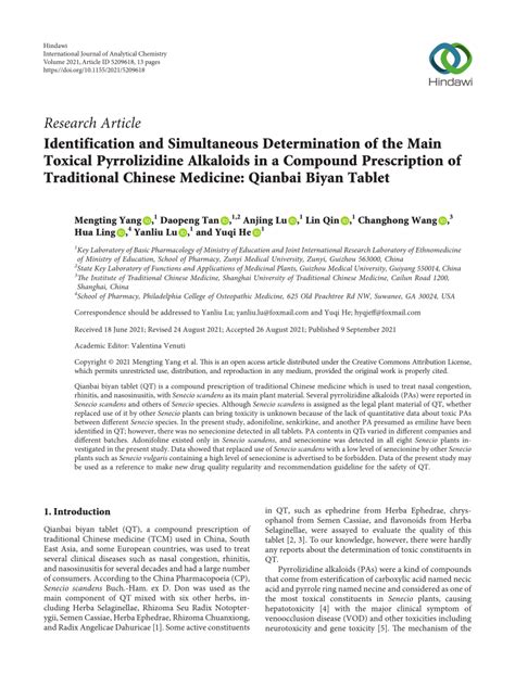 Pdf Identification And Simultaneous Determination Of The Main Toxical Pyrrolizidine Alkaloids