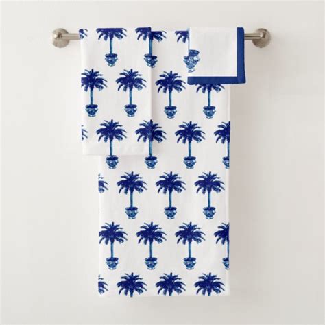 Potted Palm Tree Cobalt Blue And White Bath Towel Set