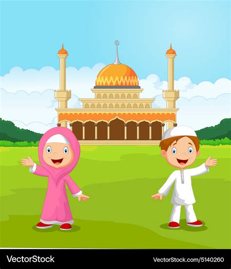 Happy Cartoon Muslim Kids Waving Hand In Front Vector Image