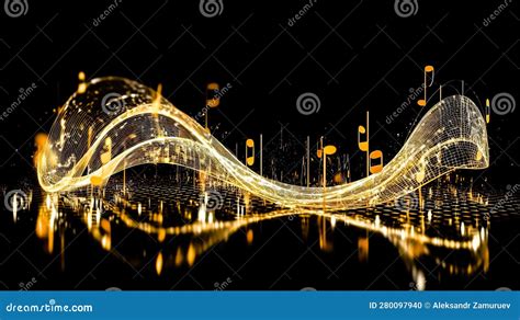 Golden Wavy Lines With Light Effect And Music Notes On Black Background