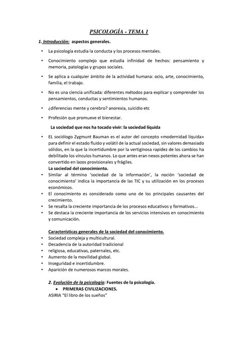 Psicología Apuntes PsicologÍa Tema 1 Introducción Aspectos Generales La Psicología