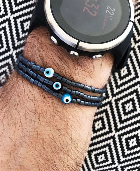 Evil Eye Bracelet Mens Bracelet Gunmetal Beaded Bracelet Etsy