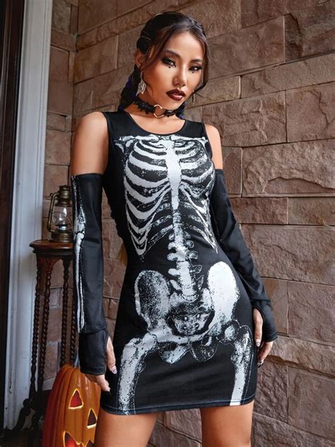 Skeleton Print Cold Shoulder Bodycon Dress Bodycon Dress Skeleton Dress Halterneck Mini Dress