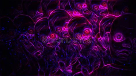 Abstract Neon Horror Faces With Glowing Eyes In Darkness Stock Footage