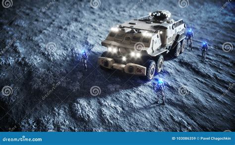 Military Car On Moon With Robots Moon Colony Earth Backround