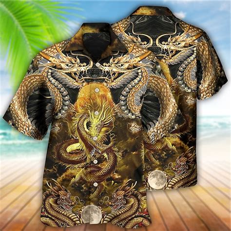 Herren Drache Hemd Kurzarm Tropisch Modisch Hawaiianisch Casual