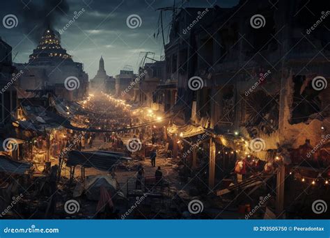 Night Market at Devastating City in Middle East because of Warfare ...