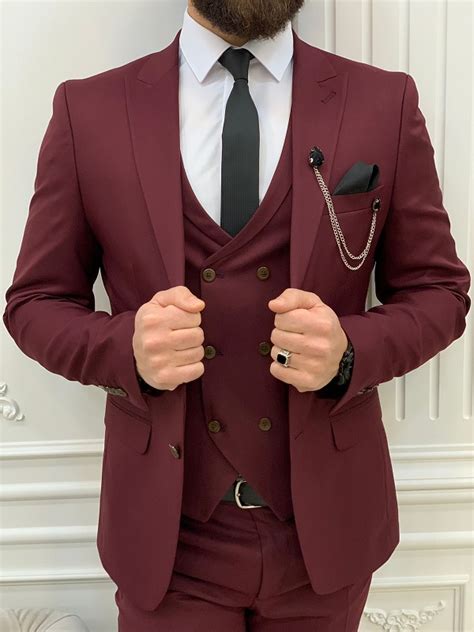 Burgundy Slim Fit Peak Lapel Suit For Men By