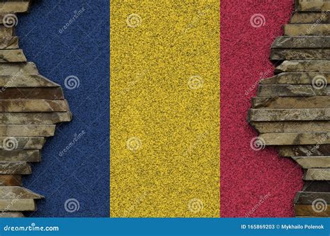 Chad Flag Depicted In Paint Colors On Old Stone Wall Closeup Textured