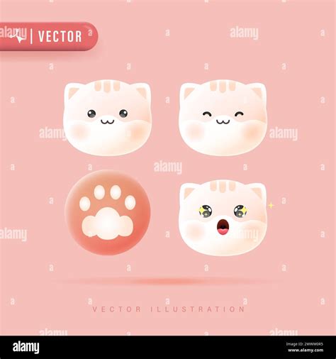 3d Realistic Vector Set Of Cute Cartoon Cat Icons With Various Facial