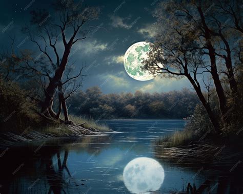 premium ai image  painting   river   full moon   sky