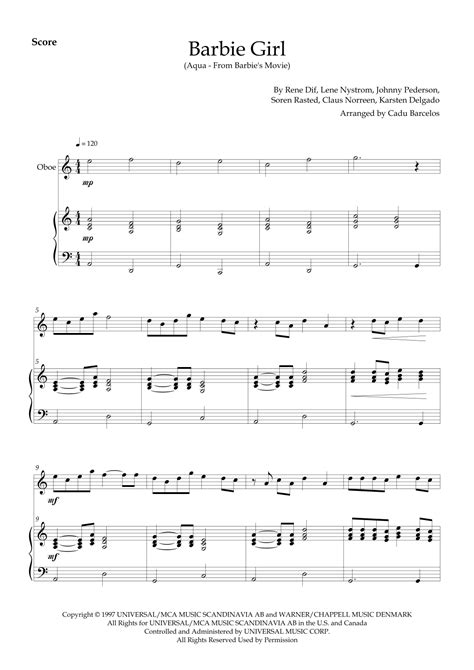 Barbie Girl Arr Cadu Barcelos Sheet Music Aqua Oboe And Piano