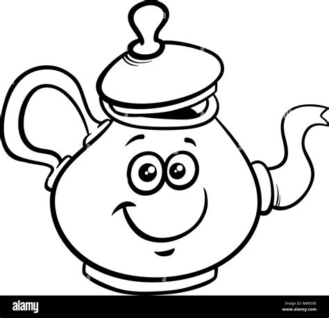 Black And White Cartoon Illustration Of Funny Teapot Or Kettle