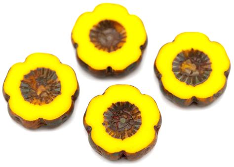 4pc 14mm Czech Table Cut Glass Hawaiian Flower Beads Opaque Yellow