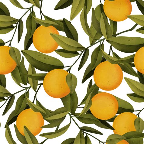 Seamless Orange Pattern With Tropic Fruits Leaves Flowers Background