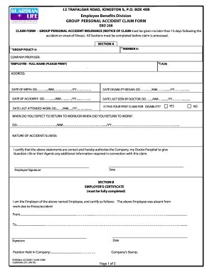 Fillable Online Personal Accident Group Claim Form Guardian Group Fax