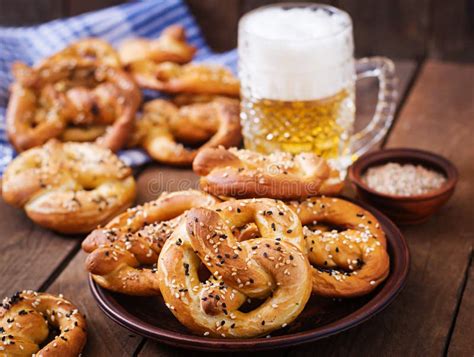 Oktoberfest Salted Soft Pretzels In A Bowl And Beer Stock Photo Image