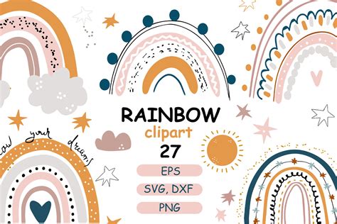 Boho Rainbow And Clouds Clip Art In Bright Pastel Colors Painted Clip