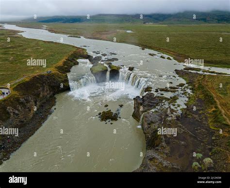 Beautifulaerial View Of The Massive Godafoss Waterfall In Iceland La