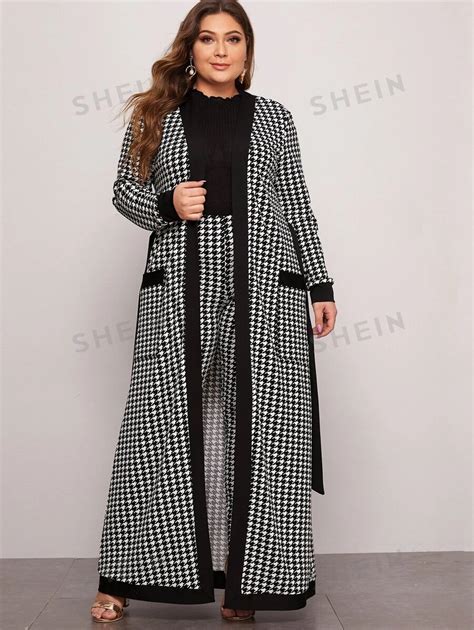 Shein Modely Plus Patch Pocket Belted Houndstooth Black And White