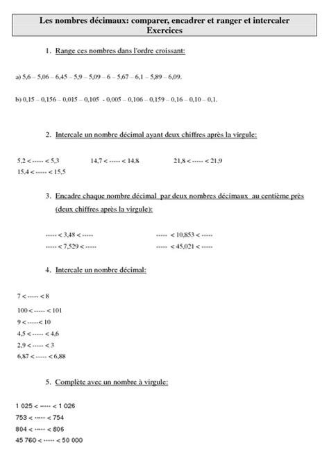 Nombres Décimaux Comparer Encadrer Et Ranger Et Intercaler Cm2 Exercices Numération