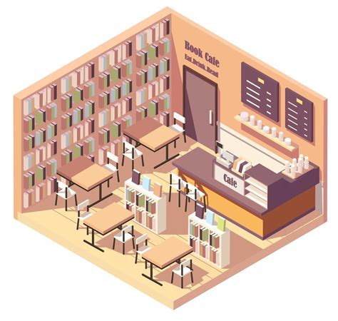 Isometric Interior Of Bookstore Or Library Cafe Vector Art At