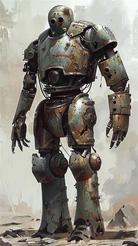 Chunky Damaged Clockwork Humanoid Rpg Illustration Premium Ai