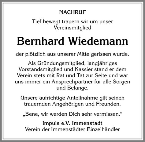 Traueranzeigen von Bernhard Wiedemann Allgäuer Zeitung