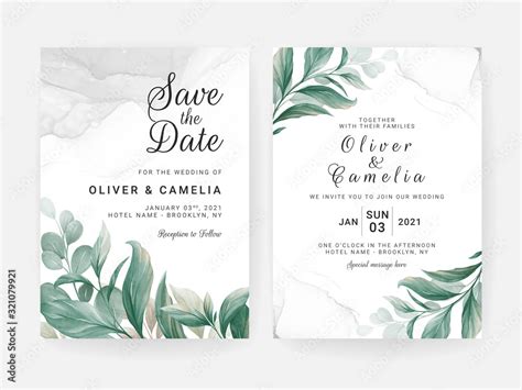 Wedding Invitation Card Template Set With Leaves Decoration And