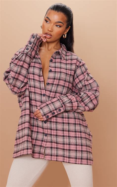 Pink Oversized Flannel Shirt Tops Prettylittlething Uae