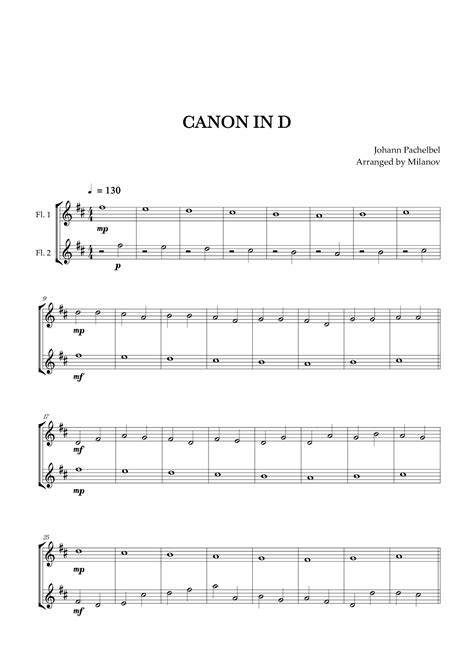 Canon In D Pachelbel Flute Duet Arr Milanov By Johann Pachelbel Sheet Music For Flute