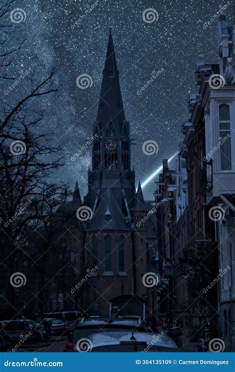 Celestial Silhouette Starry Night Over A Small Church Stock Image