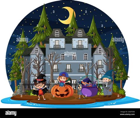 Haunted house at night scene illustration Stock Vector Image & Art - Alamy