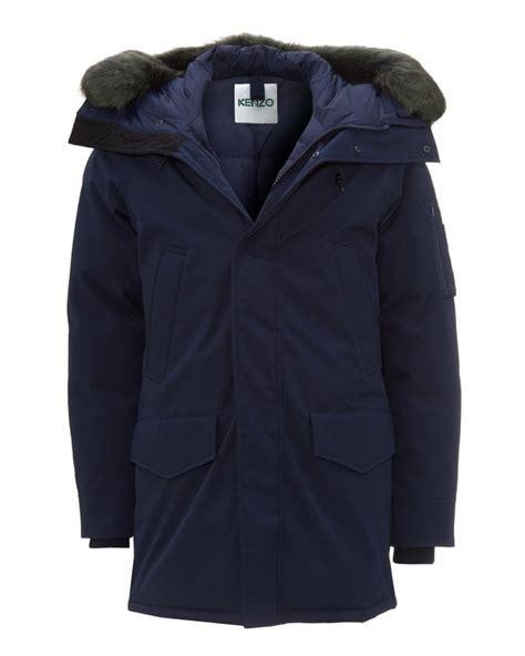 Kenzo Mens Fur Hooded Parka Navy Blue Jacket