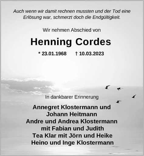 Traueranzeigen Von Henning Cordes Nordwest Trauer De