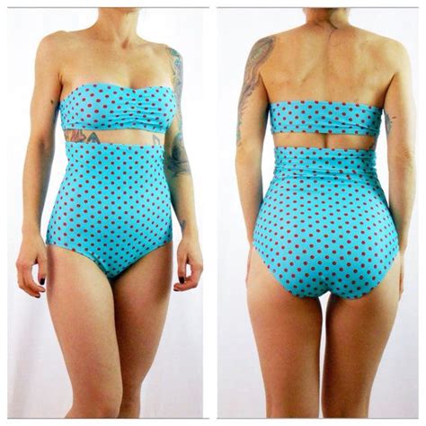 Extra High Waist Bikini Teal And Red Polka Dot Xs Xxl Retro Bikinis