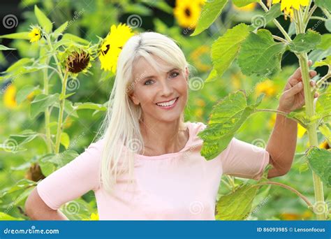 Mature Woman With Sunflowers Stock Image Image Of Mature Summer