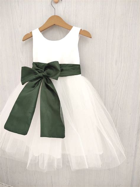 Flower Girl Dress Olive Green White Tulle And Bow Sash Fall Flower