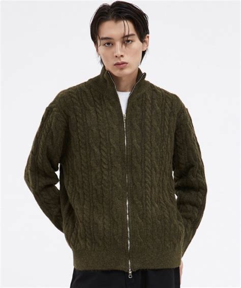 Musinsa Voiebit V Soft Cable Knit Zip Up Khaki