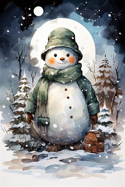 Premium Photo | Snowman in the forest at night Watercolor painting ...