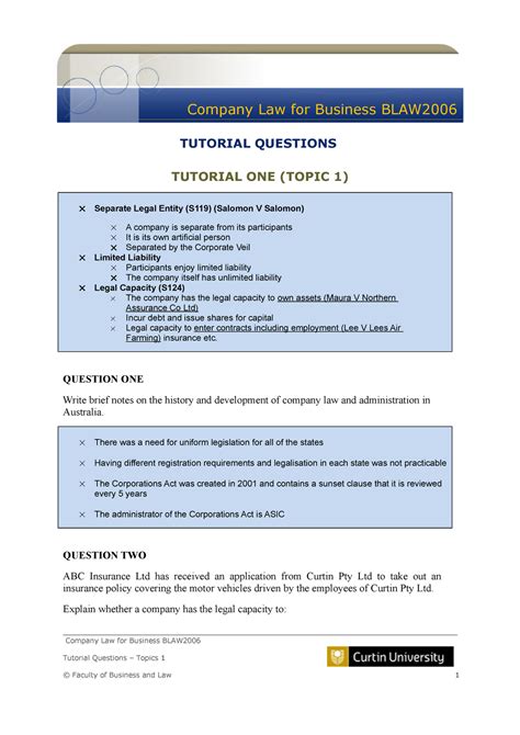 Topic 1 Tutorial Questions Company Law For Business BLAW TUTORIAL