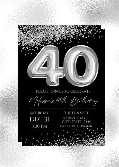 Editable 40th Birthday Invitation Black And Silver Etsy