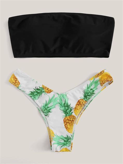 Black Bandeau Top Swimsuit With Pineapple Print Hipster Bikini Bottom